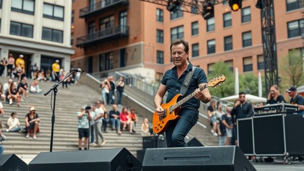 Bruce Springsteen performs Streets of Minneapolis outdoors during the day.
