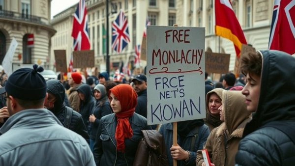 Protesters wearing 'No Kings' cape in rainy street rally.