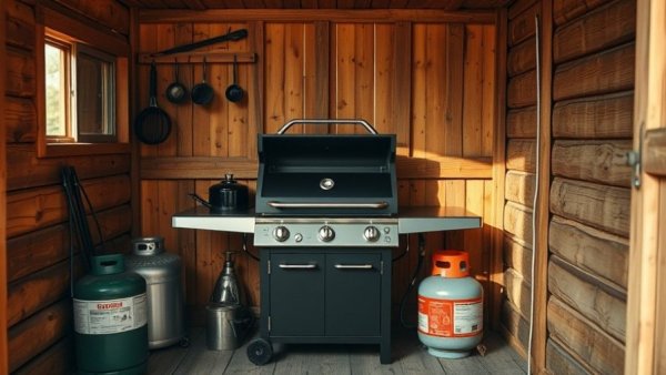 Outdoor gas grill setup in wooden shed related to New York grilling laws.