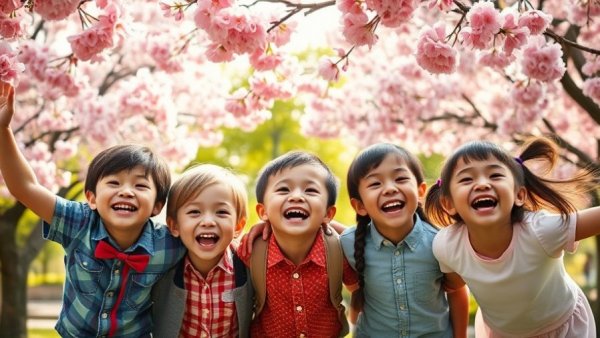 Children enjoying New Jersey events under cherry blossoms.