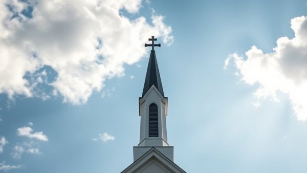 Cross steeple against bright sky depicting religious change.