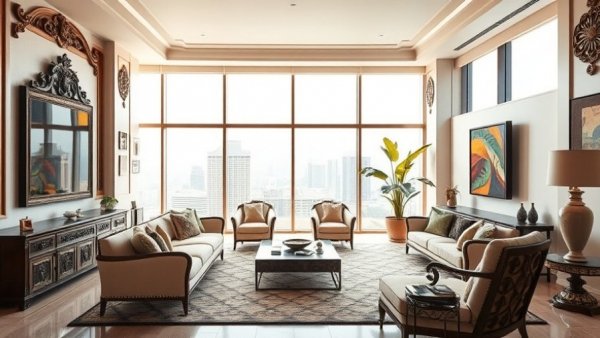 Luxurious Jersey City living room with artistic decor and city view.