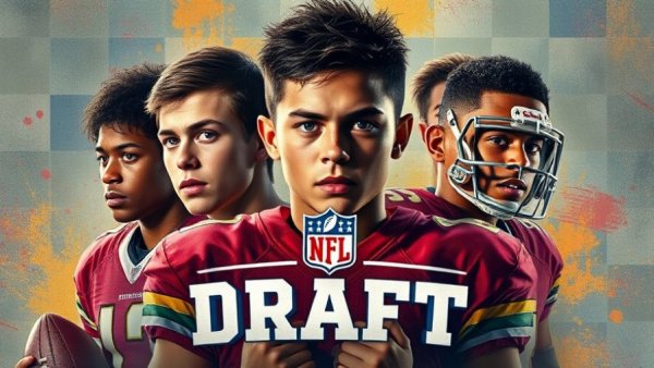 Colorful NFL mock draft projection collage with young players.
