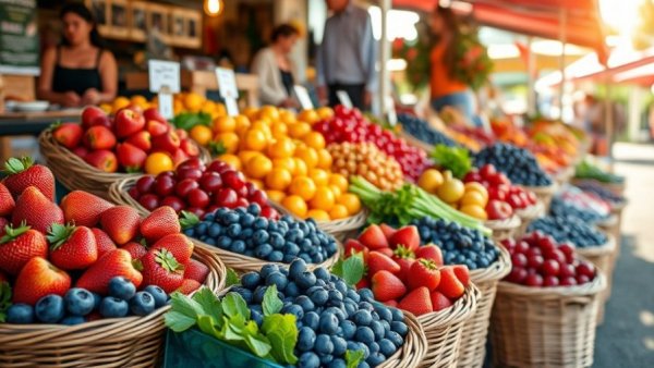 Fresh fruits at New Jersey farmers market, vibrant colors, assorted produce.