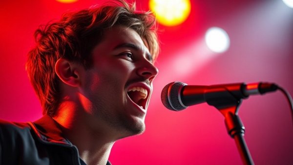 Young man singing on stage with vibrant red lighting, represents Jake Thistle American Idol New Jersey.