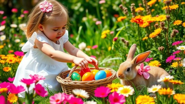 Child at Easter event in NJ reaching for eggs in a garden.