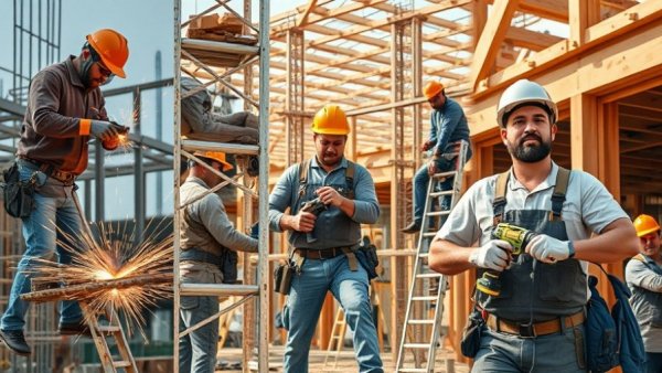 Collage of builders performing various construction tasks.