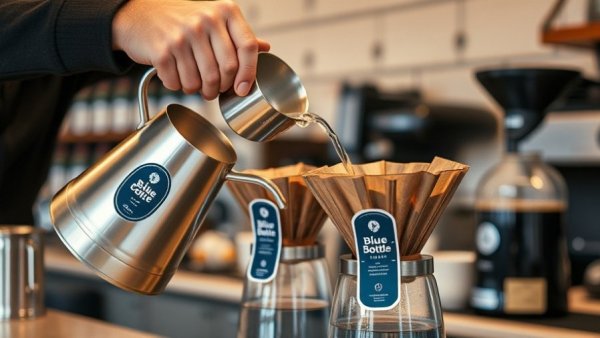Blue Bottle Coffee drippers with water being poured.