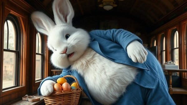 Fun activities with kids in NJ: playful rabbit on train with eggs.