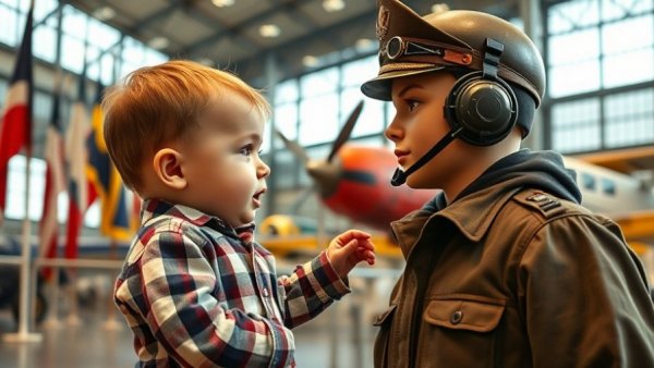 Baby interacting with a pilot mannequin at New Jersey transportation museums for kids