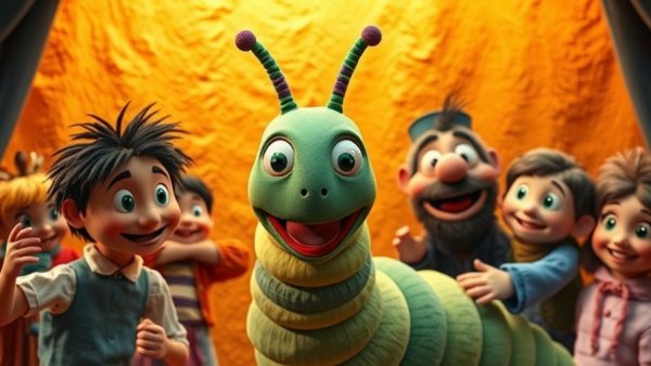 Puppet show scene with caterpillar and actors from The Very Hungry Caterpillar Show NYC.