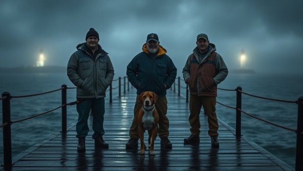 Moody scene with fishermen on a foggy pier; New Jersey theater vibe.