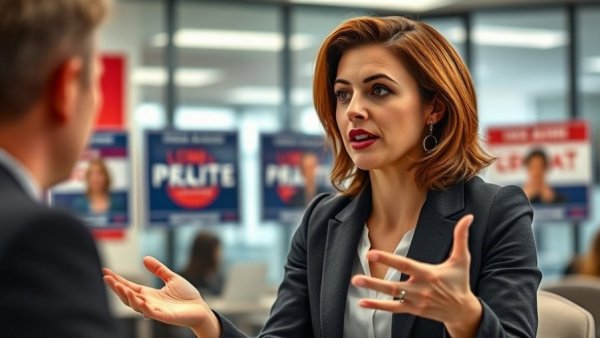 Female speaker in online political discussion, campaign posters in background.