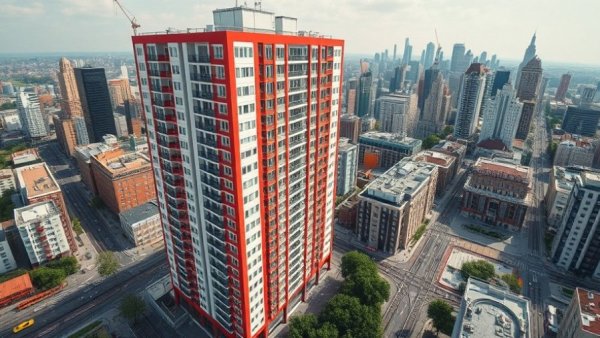 Modern high-rise in Newark urban skyline, real estate investment.