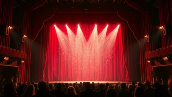 Illuminated theater stage and starry backdrop at NJ arts event.