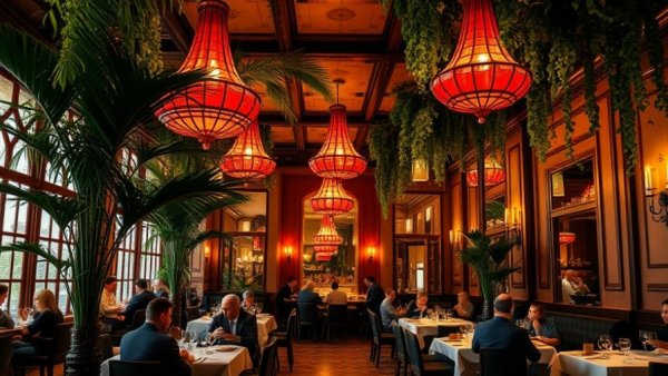 Jersey Shore dining experience in elegant restaurant with lush greenery.