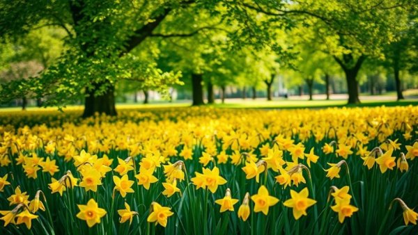 Vibrant daffodils in New Jersey park evoke nature's beauty.