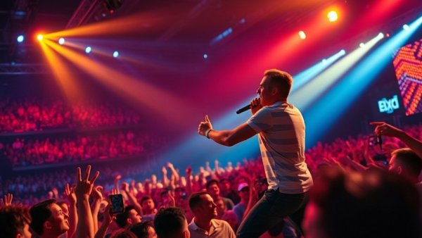 Energetic musician performing during Clampdown show with lively crowd.