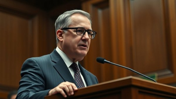 Middle-aged man at podium in formal setting.
