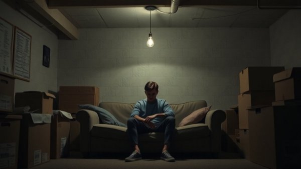 Young adult in a New Jersey basement living at home, dimly lit.