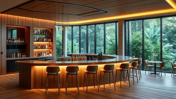 Sleek modern bar in coming soon NJ restaurant with U-shaped counter.