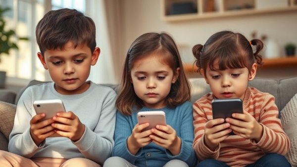 Children using smartphones with poor posture in a cozy living room, highlighting child neck and back pain prevention.