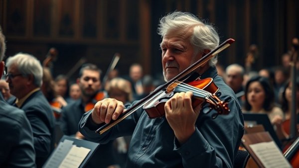 Itzhak Perlman performing in music education setting with orchestra.
