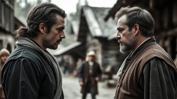 Shttl Holocaust film scene of two men in intense conversation.