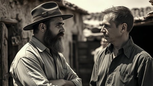 Two men in rustic village setting depicting human connection.