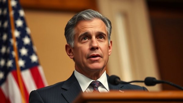 Mature man delivering speech on Iran war powers resolution in front of US flag.