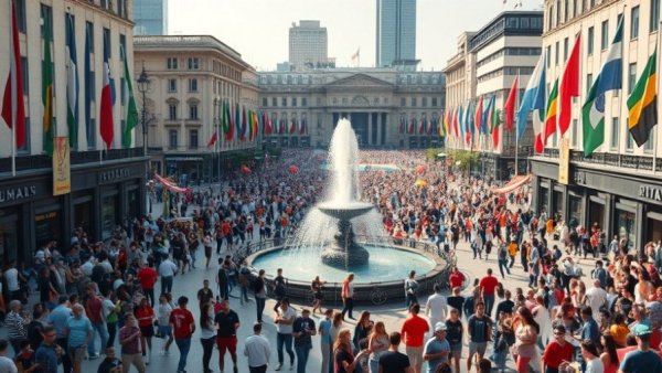 World Cup 2026 gathering with flags and fountain in city plaza.