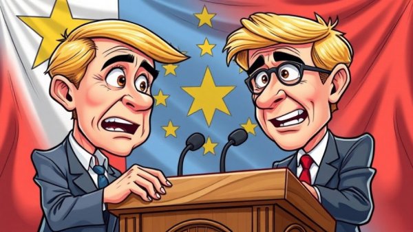 Cartoon of two people discussing issues at a podium with flags in background.