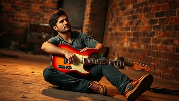 Alastair Greene sitting with guitar at New Jersey concert venue