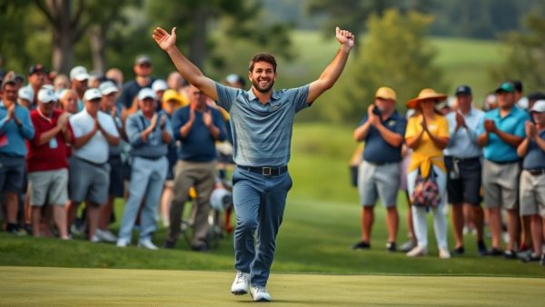 Golfer celebrating a victory on the course with cheering crowd.