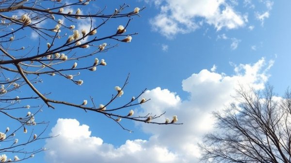 New Jersey spring sky with budding trees and clouds.