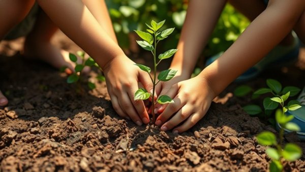 Children planting a sapling during New Jersey Earth Day celebrations.