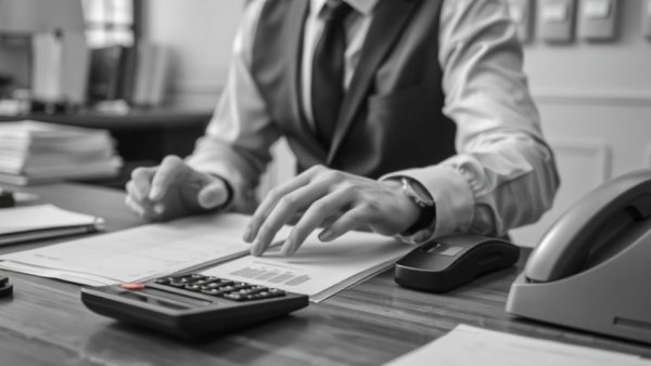 Monochrome desk scene depicting financial items with tax policy text.