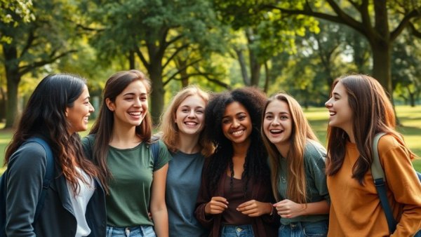 Teens engaging and smiling in a park, showcasing communication skills in AI.