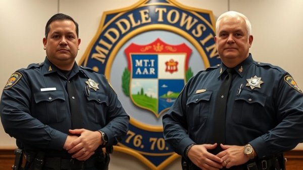 Middle Township police officers in uniform stand by emblem.