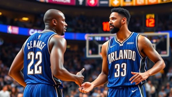 Orlando Magic players discussing on court during game.