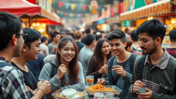 Vibrant group enjoying New Jersey Spring Food Festivals, cheerful scene.