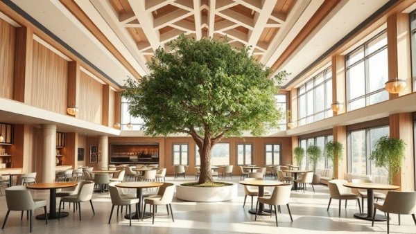 Spacious modern New Jersey restaurant interior opening scene.