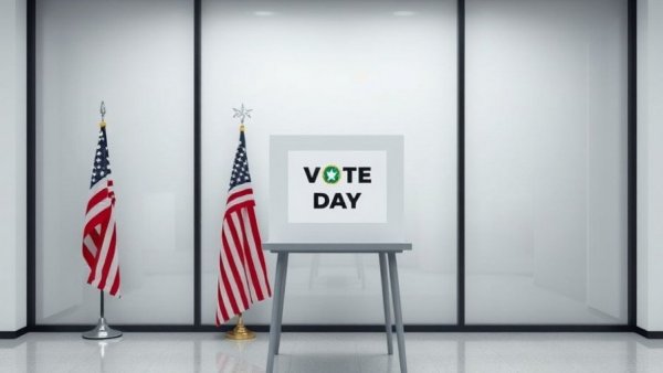 Voting booth with sign 'Vote Day' and American flag.