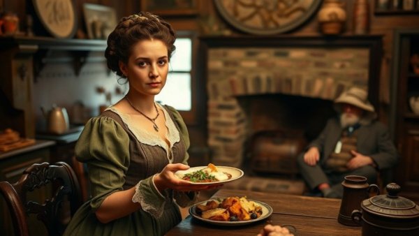Victorian couple in a rustic kitchen at a New Jersey theater event.