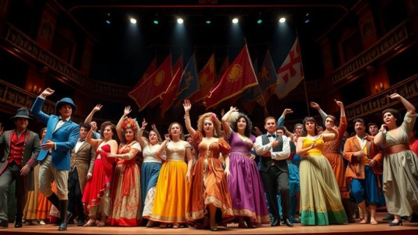 New Jersey theater ensemble performing energetically in colorful period costumes on stage.