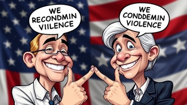 Humorous cartoon with smiling figures, speech bubbles, and American flag.
