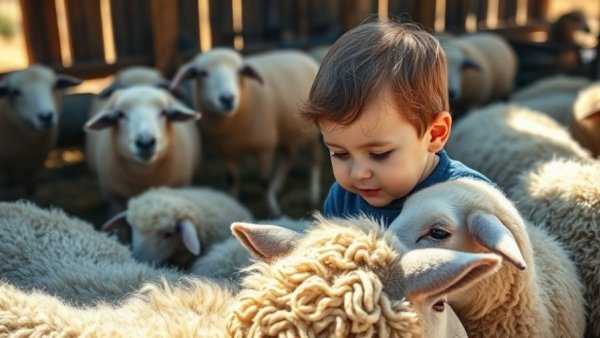 Child enjoys interaction with sheep at Read & Pick farm animals program in New Jersey.