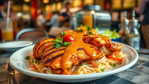 A colorful dish at a New Jersey restaurant opening featuring grilled chicken and sauces.