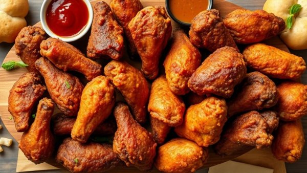 Wingstop opening in Secaucus featuring an array of delicious crispy chicken wings, corn, and sides on a wooden platter.