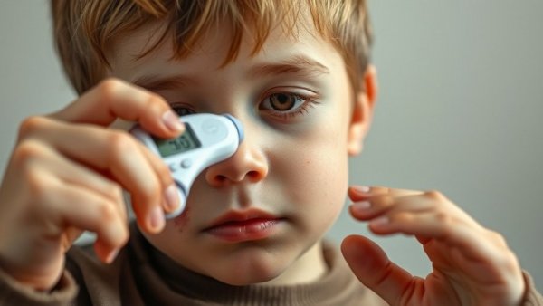 Young boy with measles checks temperature, conveying health concern.